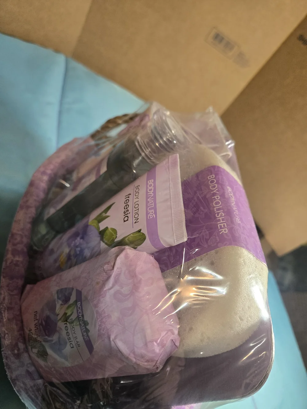 Freesia Bath & Body Gift Basket - Lavender Scented Bath Soak & Lotion Set